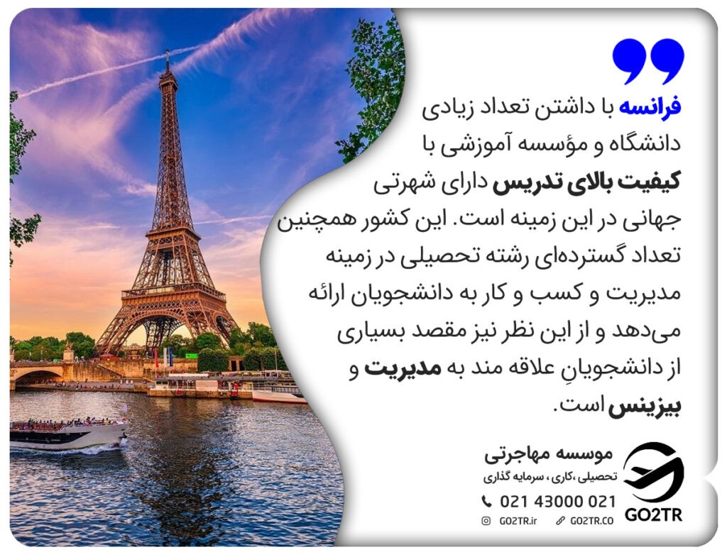 فرانسه با داشتن تعداد زیادی دانشگاه و مؤسسه آموزشی با کیفیت بالای تدریس دارای شهرتی جهانی در این زمینه است. این کشور همچنین تعداد گسترده‌ای رشته تحصیلی در زمینه مدیریت و کسب و کار به دانشجویان ارائه می‌دهد و از این نظر نیز مقصد بسیاری از دانشجویانِ علاقه مند به مدیریت و بیزینس است.