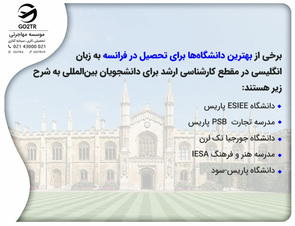 برخی از بهترین دانشگاه‌ها برای تحصیل در فرانسه به زبان انگلیسی در مقطع کارشناسی ارشد برای دانشجویان ‌بین‌المللی.
