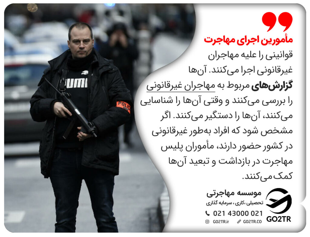 مأمورین اجرای مهاجرت قوانینی را علیه مهاجران غیرقانونی اجرا می‌کنند. آن‌ها گزارش‌های مربوط به مهاجران غیرقانونی را بررسی می‌کنند و وقتی آن‌ها را شناسایی می‌کنند، آن‌ها را دستگیر می‌کنند. اگر مشخص شود که افراد به‌طور غیرقانونی در کشور حضور دارند، مأموران پلیس مهاجرت در بازداشت و تبعید آن‌ها کمک می‌کنند.