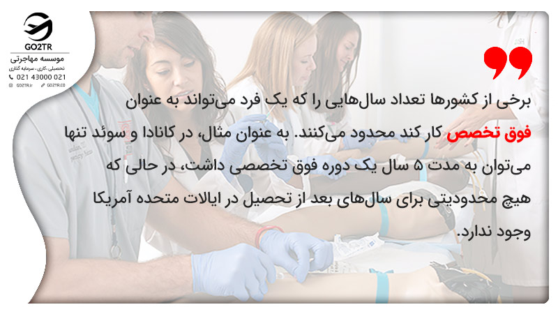 برخی از کشورها تعداد سالهایی را که یک فرد میتواند به عنوان فوق تخصص کار کند محدود میکنند. به عنوان مثال، در کانادا و سوئد تنها میتوان به مدت 5 سال یک دوره فوق تخصصی داشت، در حالی که هیچ محدودیتی برای سالهای بعد از تحصیل در ایالات متحده آمریکا وجود ندارد.