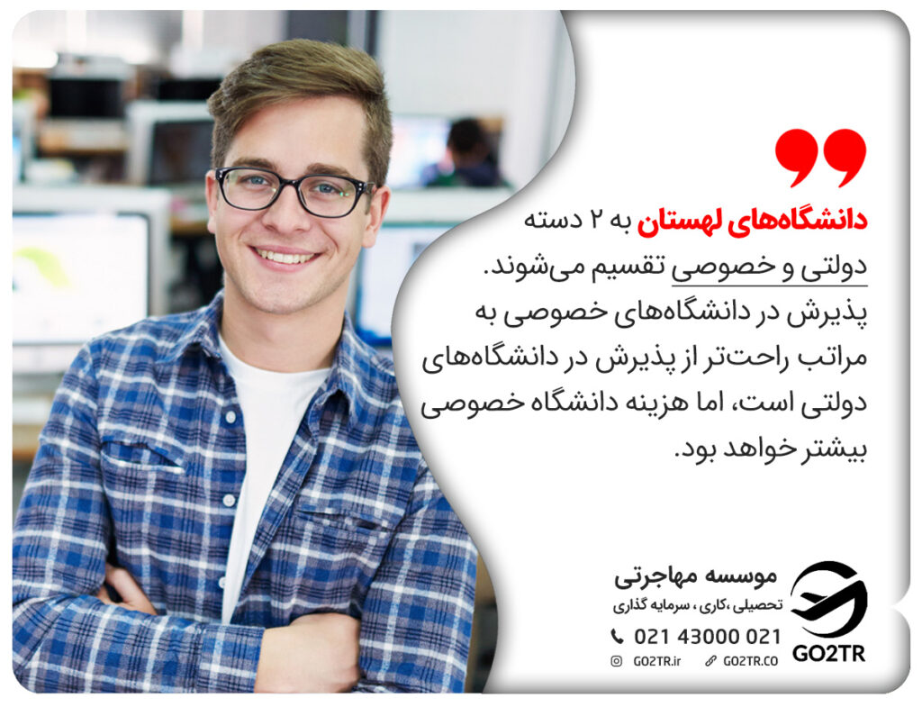 دانشگاه‌های لهستان به ۲ دسته دولت و خصوصی تقسیم می‌شوند. پذیرش در دانشگاه‌های خصوصی به مراتب راحت‌تر از پذیرش در دانشگاه‌های دولتی است، اما هزینه دانشگاه خصوصی بیشتر خواهد بود.