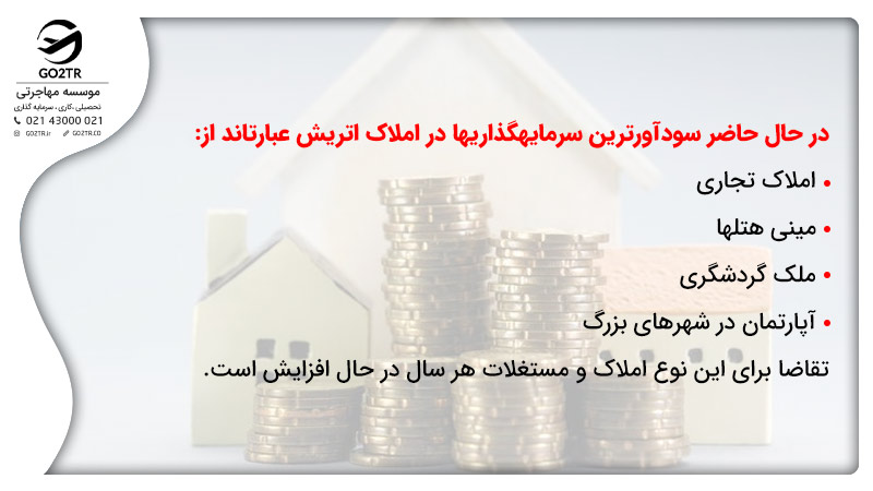  در حال حاضر سودآورترین سرمایه‌گذاری‌ها در املاک اتریش عبارت‌اند از:
املاک تجاری
مینی هتل‌ها
ملک گردشگری
آپارتمان در شهرهای بزرگ