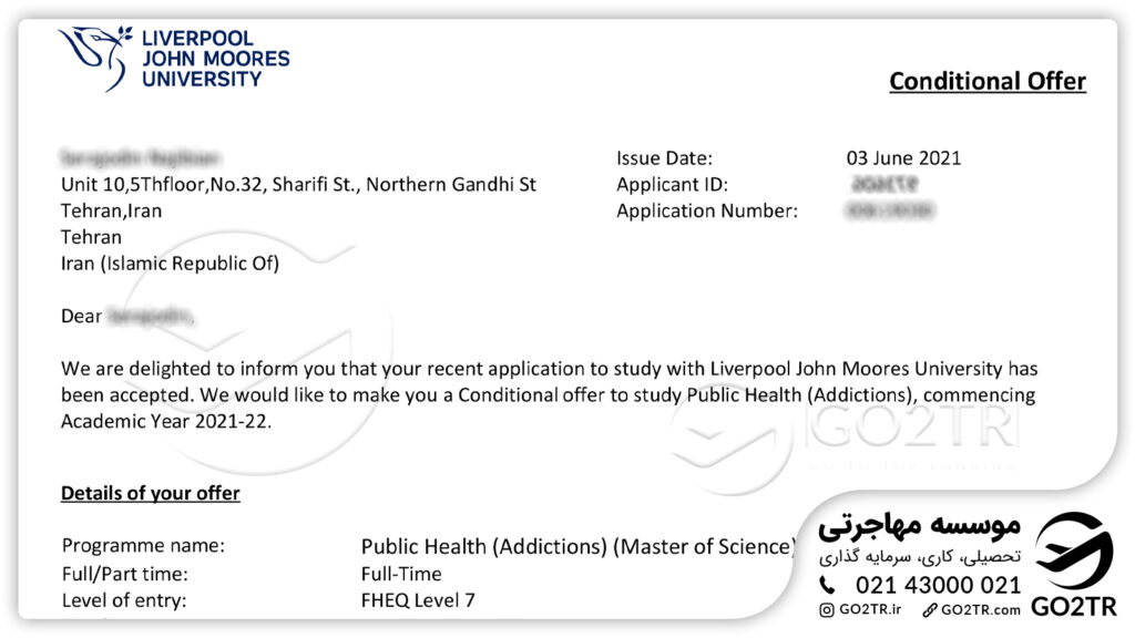 اخذ نامه پذیرش از دانشگاه جان مورز لیورپول انگلستان توسط کارشناسان GO2TR