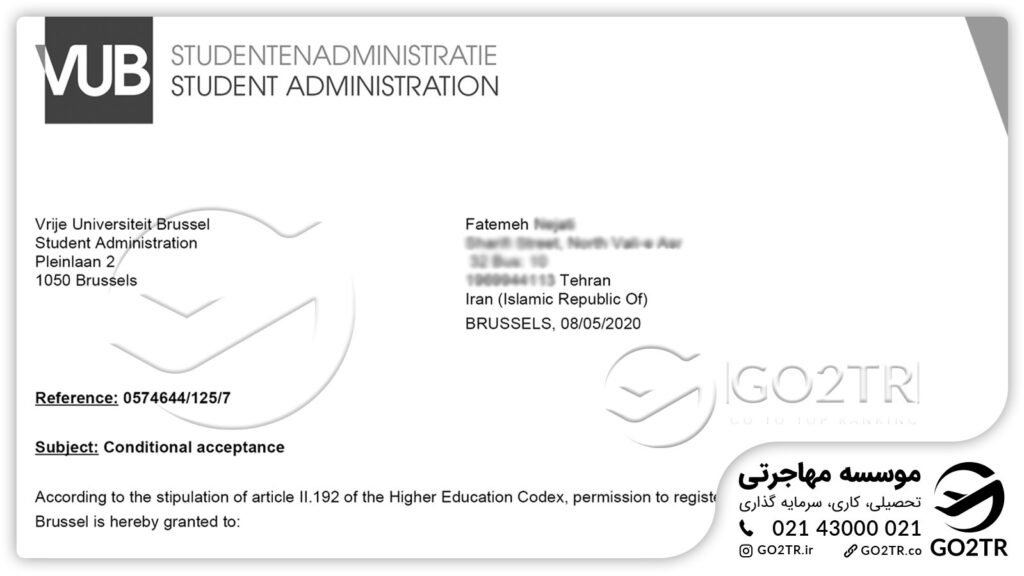 اخذ نامه پذیرش مشروط از دانشگاه وریج بروکسل بلژیک توسط کارشناسان GO2TR