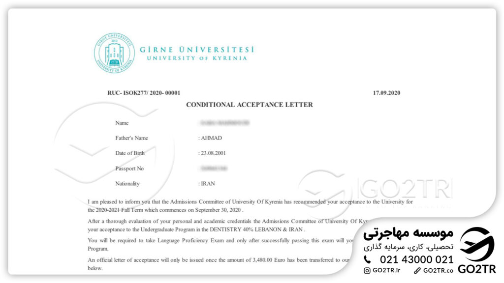 اخذ نامه پذیرش در رشته دندانپزشکی دانشگاه گیرنه قبرس شمالی توسط کارشناسان GO2TR