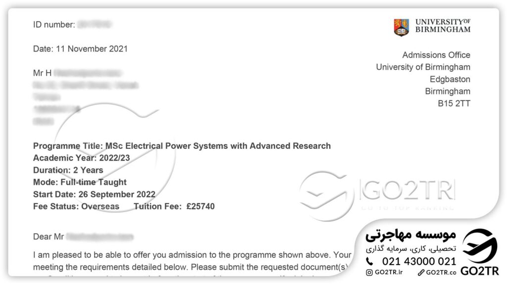 اخذ نامه پذیرش در رشته مهندسی برق دانشگاه بیرمنگام انگلستان توسط کارشناسان GO2TR