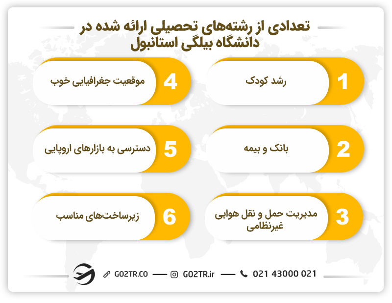 تعدادی از رشته‌های تحصیلی ارائه شده در دانشگاه بیلگی استانبول