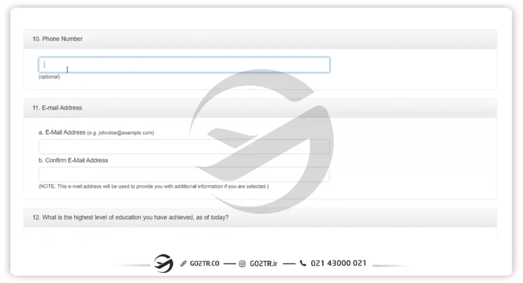 نوشتن شماره تلفن و ایمیل در فرم ثبت نام لاتاری آمریکا
