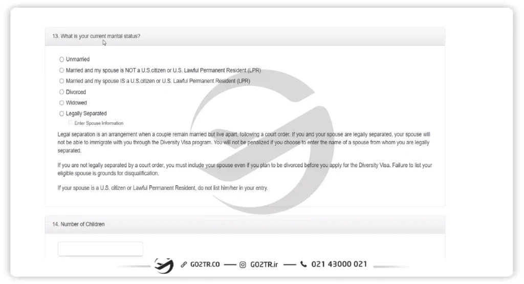 تکمیل اطلاعات همسر و فرزندان در فرم ثبت نام لاتاری آمریکا
