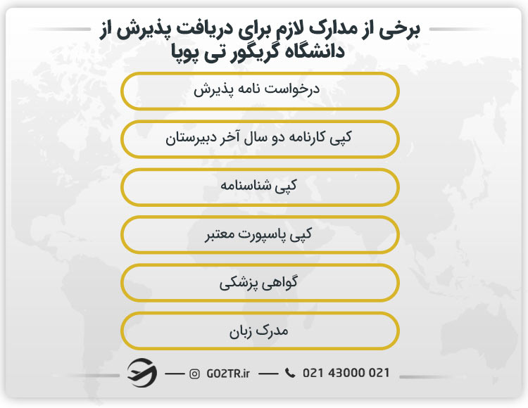 برخی از مدارک لازم برای دریافت پذیرش از دانشگاه گریگور تی پوپا رومانی